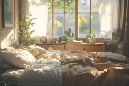 Soft Morning Light - Cozy Bedroom with Natural Textures.の素材