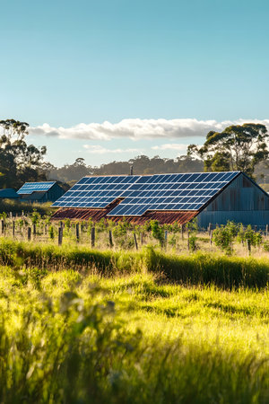 Rustic barn with solar panels on the roof, surrounded by vibrant green fields and trees, highlighting renewable energy in a serene rural settingの素材