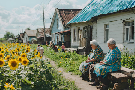 Elderly women in traditional dresses sit on a bench next to a sunflower field, with rustic homes and children playing nearby, showcasing a peaceful rural atmosphereの素材