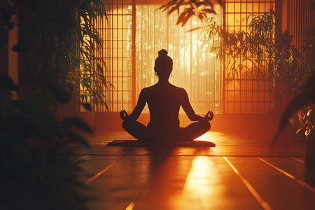 Woman in silhouette is meditating in a peaceful indoor environment, surrounded by greenery and illuminated by soft sunlight, promoting relaxation and mindfulnessの素材