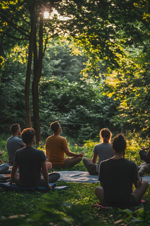 Individuals engaged in meditation within a tranquil forest, surrounded by vibrant greenery and gentle sunlight, fostering a peaceful atmosphere for relaxation and mindfulnessの素材