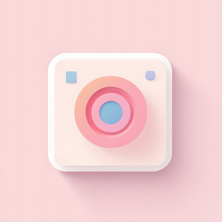 3D camera icon illustration with vibrant colors and circular lens design, set against a soft pink background, symbolizing creativity and modern photographyの素材