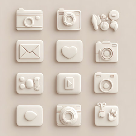 Flat illustration featuring a grid of camera icons, communication symbols, and playful shapes, highlighting contemporary design aesthetics and digital creativityの素材