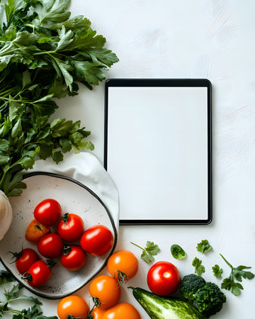 Colorful assortment of fresh vegetables and herbs surrounding a blank tablet on a white background, ideal for culinary creativity and healthy meal planningの素材