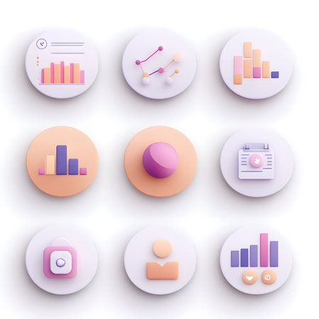 3D illustration featuring a grid of vibrant data visualization icons, including graphs and user interface elements, ideal for digital design and analytics projectsの素材