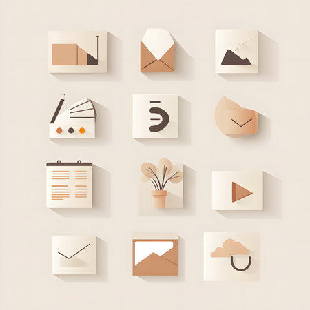 Collection of flat illustration icons in a grid layout, including envelopes, plants, and clocks, emphasizing minimalist design and contemporary visual appealの素材