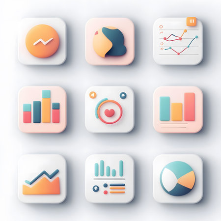 Flat illustration featuring a grid of colorful data visualization icons, including graphs and charts, ideal for digital design and analytics applicationsの素材