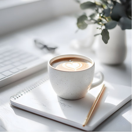 Ceramic coffee cup with heart latte art rests on a desk next to a notebook and glasses, enhancing a warm and inviting workspace filled with natural lightの素材