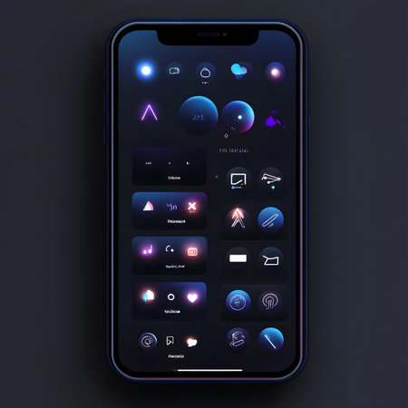 Smartphone mock up features a dark background with colorful user interface elements, including icons and buttons, ideal for showcasing app designs and digital creativityの素材