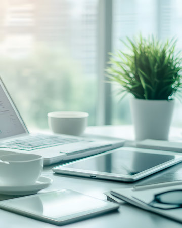 Contemporary workspace includes laptop, tablet, and smartphone on desk with coffee cup and potted plant, fostering a productive atmosphere for creativity and focusの素材