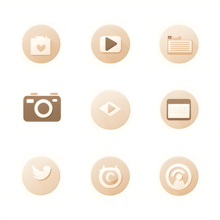 Collection of nine multimedia icons featuring love, play, camera, calendar, and social media symbols, designed in a soft beige color scheme with gentle shadows and modern aestheticsの素材