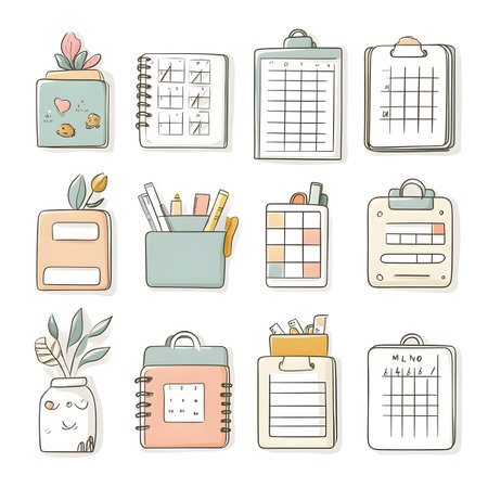 Vibrant assortment of stationery items including notebooks, planners, and clipboards, designed for organization and creativity, perfect for workspace enhancementの素材