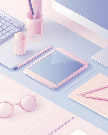 Minimalistic workspace featuring a digital tablet, stationery, and computer, arranged in soft pastel colors, creating an inviting and organized atmosphere for creativityの素材