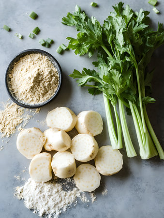 Chopped celery and sliced root vegetables are arranged on a gray surface with a bowl of seasoning, highlighting fresh ingredients for healthy cookingの素材