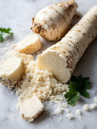 Grated and sliced horseradish root is beautifully arranged on a marble surface, accompanied by fresh parsley, highlighting its culinary uses and natural texturesの素材