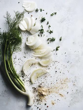Sliced onions and fresh herbs are beautifully arranged on a light surface, highlighting their textures and colors, ideal for food photography and culinary inspirationの素材