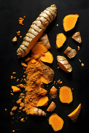 Fresh turmeric root, sliced and scattered on a dark background, highlighting its vibrant orange flesh and earthy texture, perfect for culinary and health-related visualsの素材