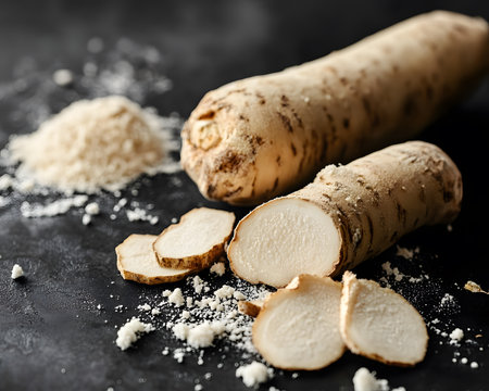 Fresh horseradish root displayed with sliced sections and grated powder on a dark surface, highlighting its culinary uses and natural textures for flavor enhancementの素材