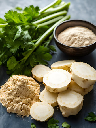 Vibrant cilantro and sliced root vegetables are beautifully arranged on a dark surface, highlighting fresh ingredients for cooking and flavor enhancementの素材