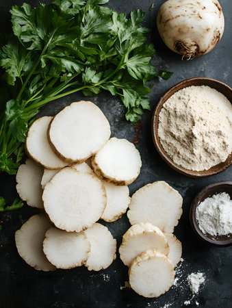 Sliced root vegetables are beautifully displayed on a dark surface, with fresh green herbs and bowls of flour, creating an inviting atmosphere for cookingの素材