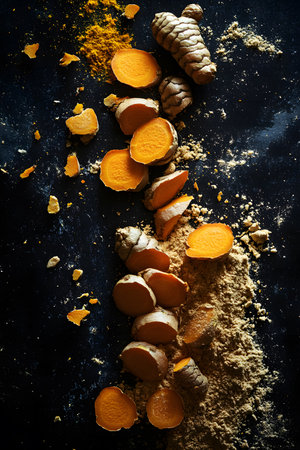 Sliced turmeric root arranged on a dark background, with vibrant orange flesh and earthy powder, emphasizing its culinary uses and health benefitsの素材