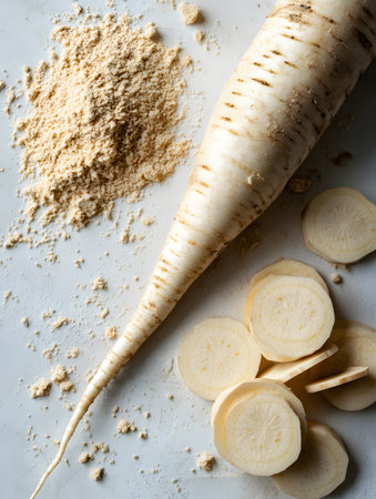 Fresh parsnip root displayed with sliced pieces and ground powder on a light surface, highlighting the textures and colors of this nutritious vegetable ingredientの素材