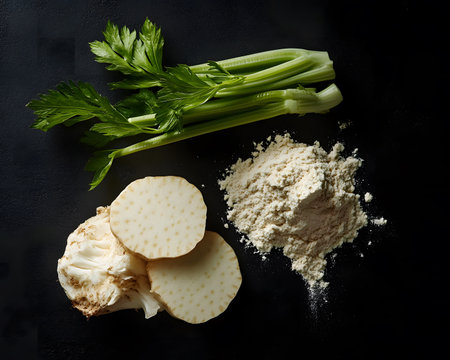Celery stalks and sliced root vegetable with flour arranged on a dark surface, highlighting fresh ingredients for cooking and healthy meal preparationの素材
