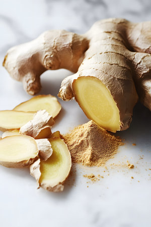 Fresh ginger root displayed with sliced sections and ground ginger powder on a marble surface, highlighting natural textures and vibrant colors for culinary applicationsの素材