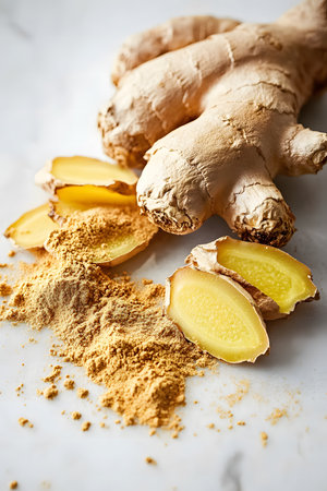 Fresh ginger root displayed with sliced segments and ground ginger powder on a marble surface, highlighting the unique textures and colors of this aromatic spiceの素材