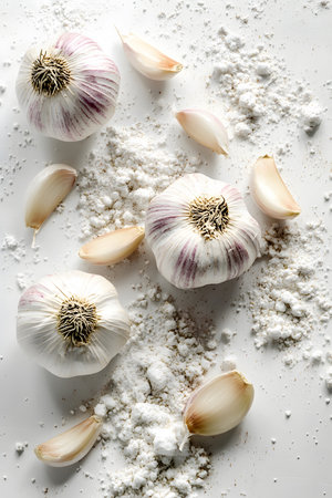 Fresh garlic bulbs and cloves are artistically arranged on a white surface with coarse salt, showcasing the beauty of natural ingredients in a culinary settingの素材