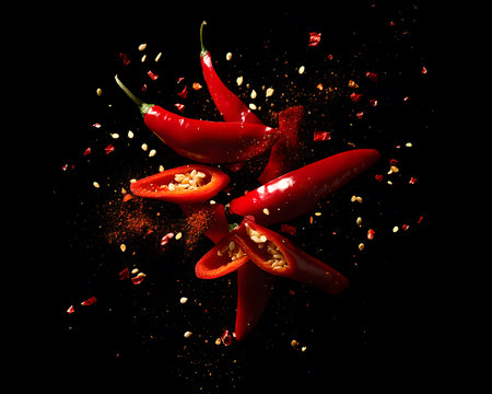 Red chili peppers are beautifully displayed with seeds and spices, highlighting their vivid color and texture against a dark backdrop, ideal for food photographyの素材