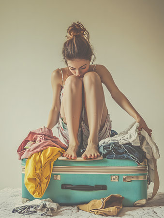 Female traveler sits on retro suitcase, surrounded by vibrant clothing, reflecting on packing choices for upcoming journey, emphasizing travel excitement and personal styleの素材