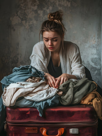 Female figure with messy hair sits on suitcase, surrounded by crumpled clothing, conveying emotions of stress and indecision in a softly lit, cluttered environmentの素材