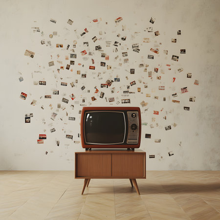 Retro television on wooden cabinet in a minimalist space, surrounded by scattered photographs and memorabilia, evoking a sense of nostalgia and vintage charmの素材