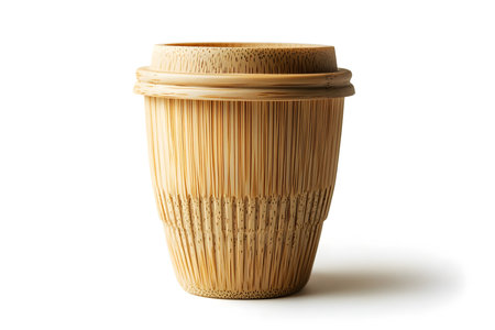 Eco-friendly bamboo coffee cup with a simple design, isolated on a white background.の素材