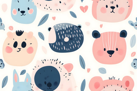 Charming Animal Characters in Soft Pinks and Blues: A Playful Design for Seamless Layouts.の素材