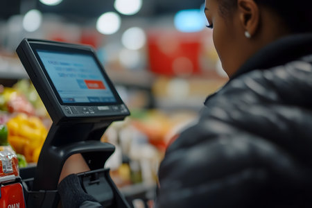 Modern Supermarket Setup: Close-Up of Grocery Scanning.の素材