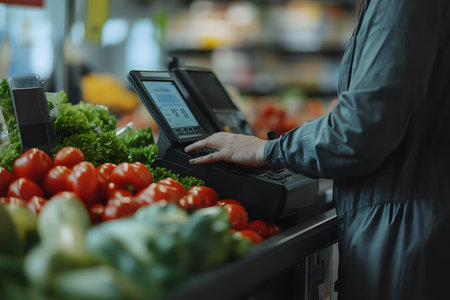 Close-up of a cashier scanning groceries at a supermarket checkout, barcode scanner in focus, modern setup.の素材