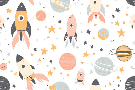Charming Space Adventure: Pastel Rockets and Planets for Children's Wear.の素材