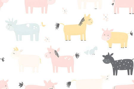 Minimalist farm animals in soft pastel colors, repeating design perfect for children's wallpapers.の素材