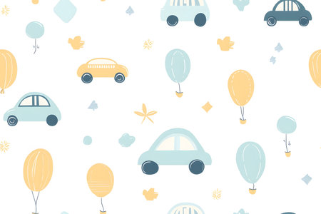 Minimalist cars and balloons in soft blues and yellows, playful design in a repeating pattern.の素材
