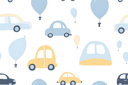Playful Minimalist Cars and Balloons in Soft Blues and Yellows Pattern.の素材