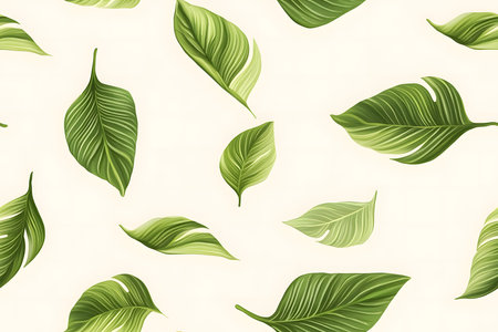 Bright Green Tropical Foliage: Minimalist Repeating Pattern of Leaves on a Pale White Background.の素材