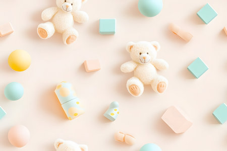 Minimalist toys like teddy bears, balls, and blocks in soft pastel shades, repeating design for kids' wallpaper.の素材