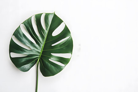 Minimalistic monstera leaf with clean lines, centered on an isolated white background.の素材