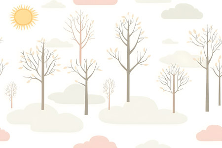 Minimalist Pastel Trees: A Seamless Repeating Pattern with Clouds and Sun for Children's Room Textilesの素材
