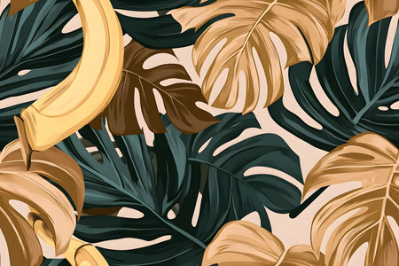 Minimalist tropical foliage like monstera and banana leaves in soft earthy shades, seamless pattern for home decor and clothing.の素材