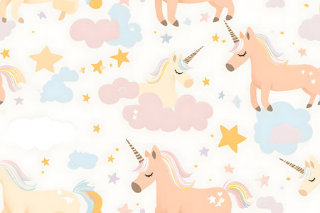 Minimalist unicorns with stars and clouds in soft pastel tones, arranged in a seamless repeating design for kids' decor.の素材