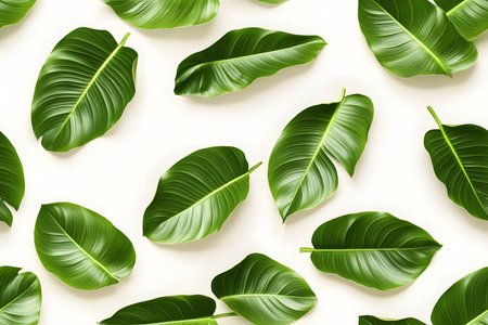 Tropical Greenery: Minimalist Foliage in a Repeating Pattern, Bright Leaves on Pale White.の素材