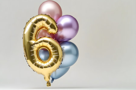 Pastel colors, the letter 6 from a gold foil balloon on a white minimalist background with space for text.の素材